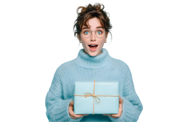 Surprised woman in blue sweater holding a light blue gift box with a natural twine bow joy on transparent background