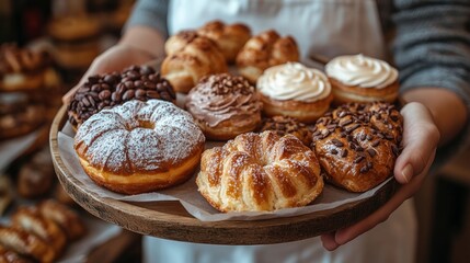 Baker holding assorted pastries on tray in bakery