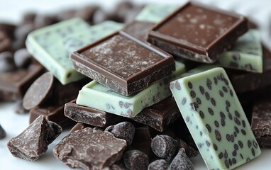 Assorted dark and mint chocolate pieces and chips.