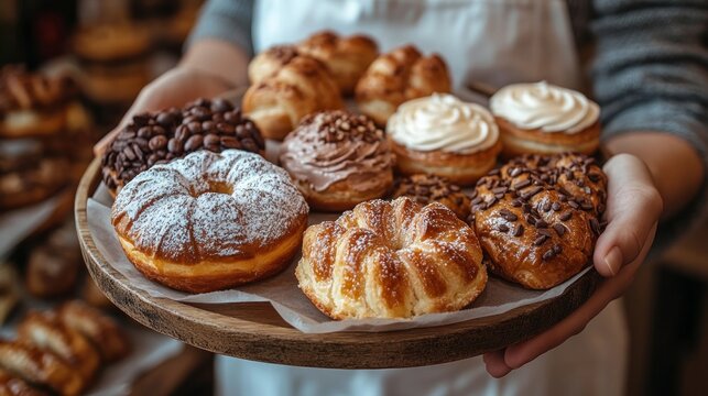 Baker holding assorted pastries on tray in bakery