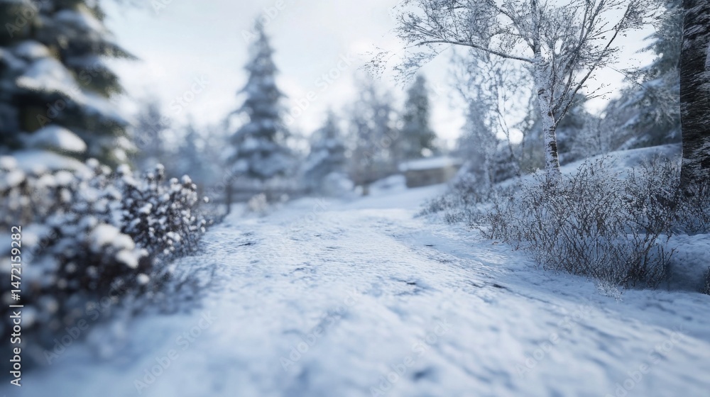 Leinwandbilder a snow-covered path winds through a tranquil winter forest, sunlight illuminating the frosted trees 