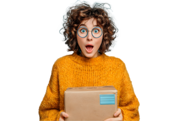 Surprised woman in yellow sweater holding a package delivery box joy hair face girl wool post on transparent background