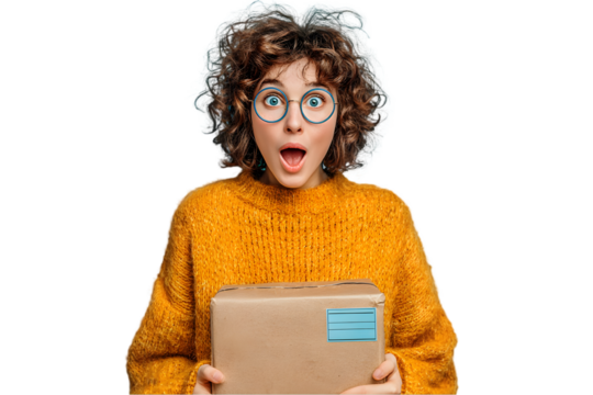 Surprised woman in yellow sweater holding a package delivery box joy hair face girl wool post on transparent background