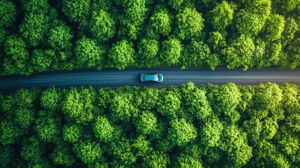 A car on an elevated road cutting through the dense, dark green forest. Serene journey, surrounded by nature.