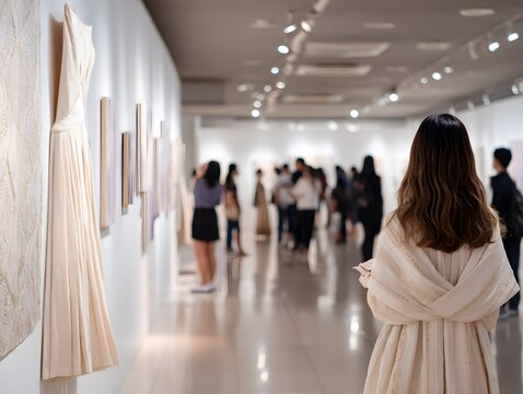 A woman observes an art exhibition in a modern gallery filled with stunning artworks and enthusiastic visitors.