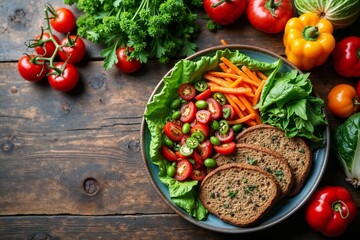 Healthy fresh salad bowl with cherry tomatoes, carrots, leafy greens, and whole grain bread on rustic wooden table. Ideal for vegan, clean eating, and nutritious meal concepts