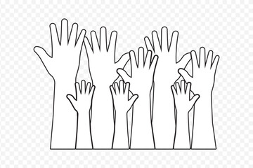 Fototapeta premium Raised hands voting icon vector sign on Transparent Background. EPS 10. Voting hands line icon set. Hand reaching silhouette, human raised hands. People vote by hand sign.