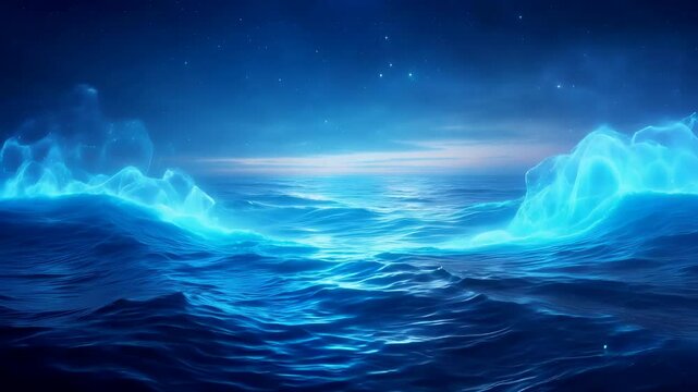 Glowing blue ocean waves at night with dreamy seascape fantasy digital illustration