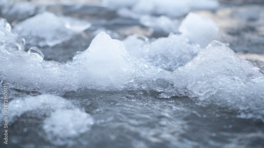 Poster Close-up view of melting ice chunks on a dark gray surface, showing intricate textures and water droplets. : Generative AI