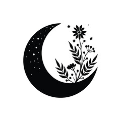 Black and white crescent moon with floral elements and stars artistic design for spiritual branding