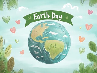 Earth Day Illustration: Globe with Hearts, Greenery, and Banner - Environmental Awareness Graphic for April 22nd Celebrations