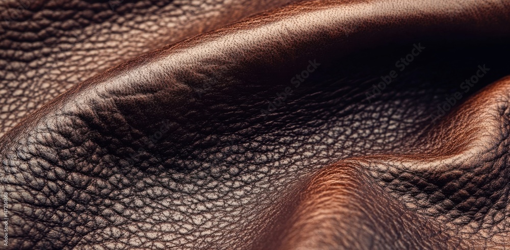 Poster close-up view of rich, brown textured leather, showing its natural grain and subtle folds. the image