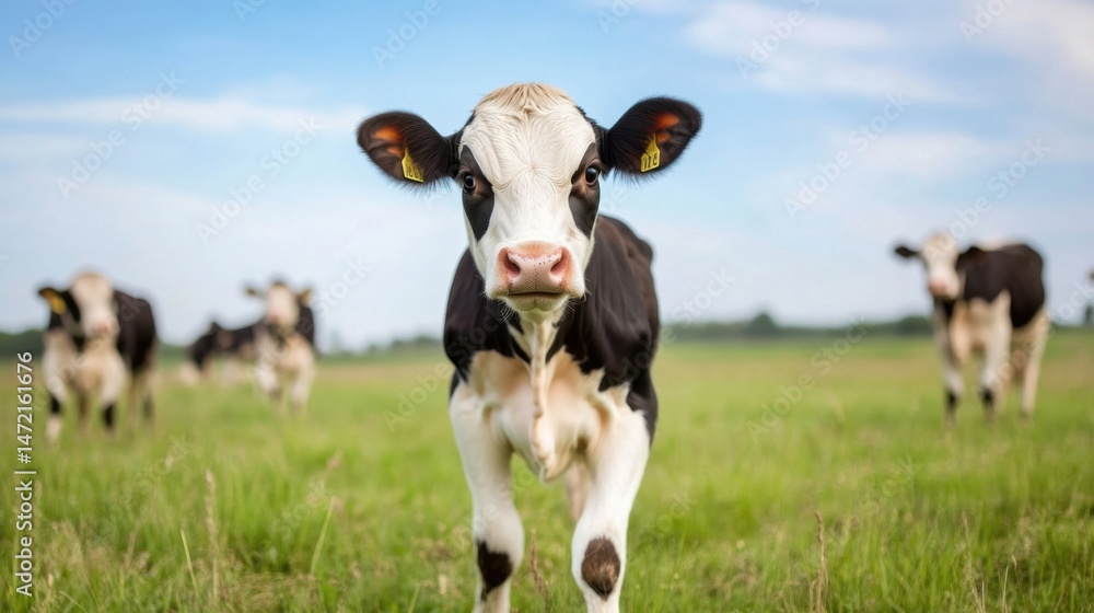 Poster a curious young calf stares directly at the camera, standing in a lush green pasture with other catt