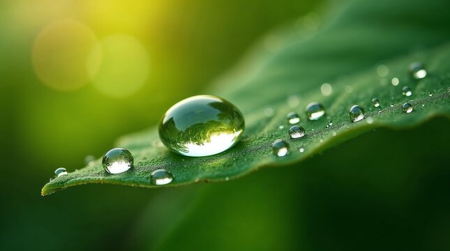 Fototapeta Close-up of water droplets on a green leaf with soft sunlight. Nature, freshness, and environmental themes ideal for eco-friendly and natural beauty concepts