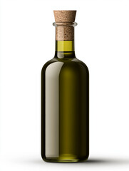 A vintage bottle of olive oil with cork stopper and label, on white 