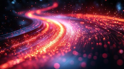 Abstract swirling energetic path with glowing particles in dark space
