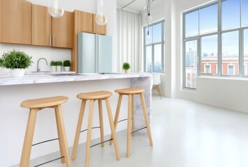 Modern kitchen island with light wood stools and marble countertop, overlooking a city view through large windows. : Generative AI