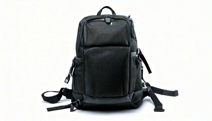 Sleek black backpack isolated on white.  Durable fabric, multiple compartments, and adjustable straps. Perfect for travel or everyday use.