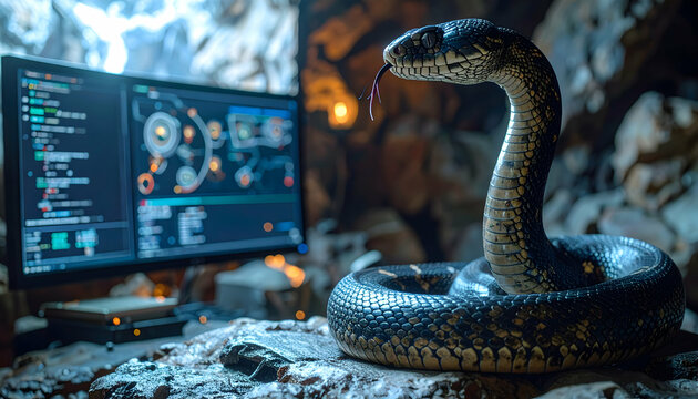 Snake watching computer monitor with code and artificial intelligence