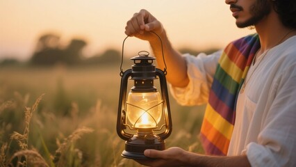 Person holding lantern in golden field at sunset