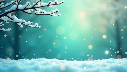 Gordijnen Winter landscape with snowy branches, gentle bokeh, and a serene, fluffy snow field. © Yasin