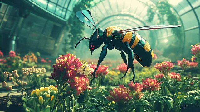 Futuristic robot bee in greenhouse with flowers
