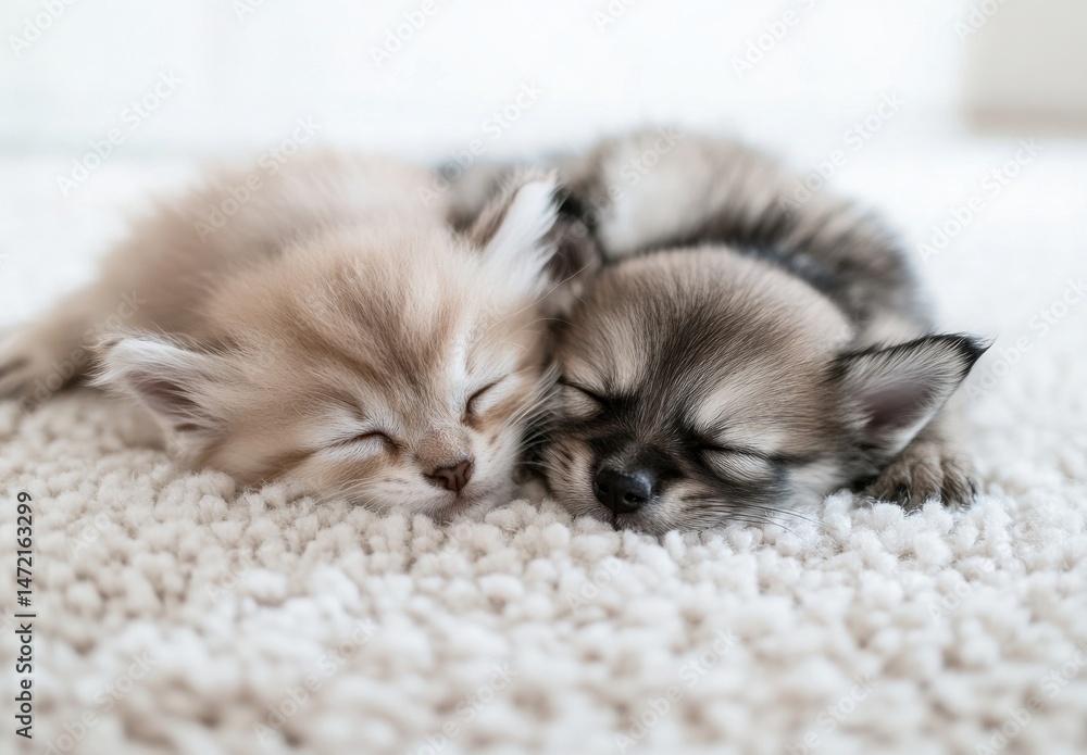 Poster adorable kitten and chihuahua puppy cuddling and sleeping peacefully together on a soft, fluffy rug.