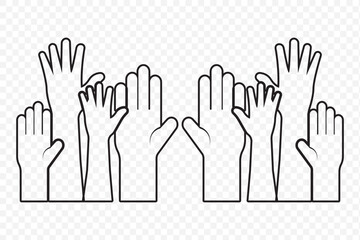 hand rise vote icon sign vector. hands up, raised up volunteering, audiences and teamwork in Stroke on Transparent Background. EPS 10.