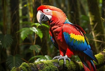 Obraz premium Colorful-scarlet-macaw-perched-on-branch-in-lush-tropical-rainforest-wildlife-photography