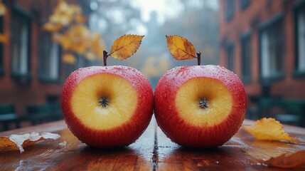 Autumnal apples, halved, on wooden table, fall leaves, foggy city background