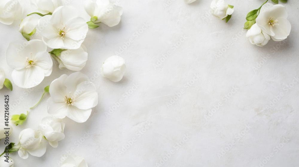 Poster elegant arrangement of pristine white blossoms on a light gray textured surface, creating a serene a