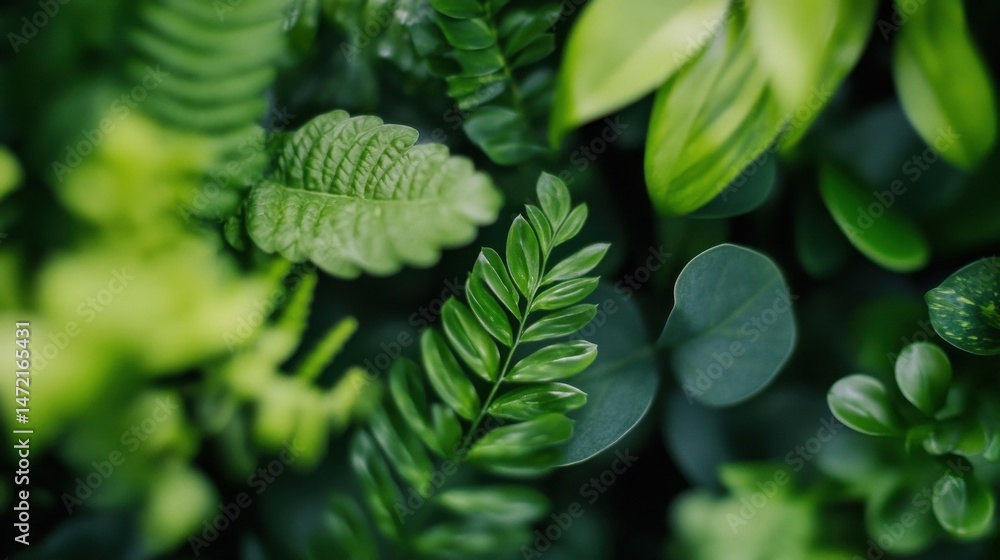 Poster a lush collection of vibrant green leaves, showcasing various textures and shapes, creates a captiva