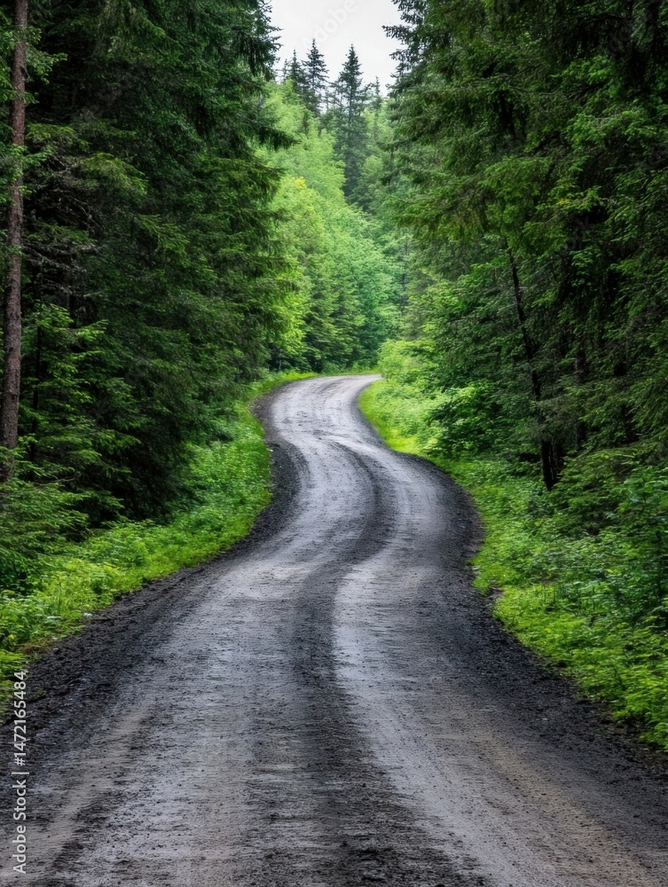 Poster a winding gravel road disappears into a lush green forest, sunlight dappling through the trees, crea