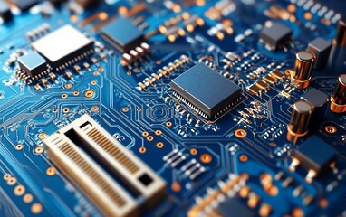 Obraz premium Close-up view of a circuit board with intricate electronic components.