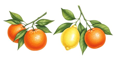 Citrus fruits with leaves on branch
