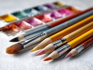 Obraz premium Colorful artist brushes and watercolor palette.