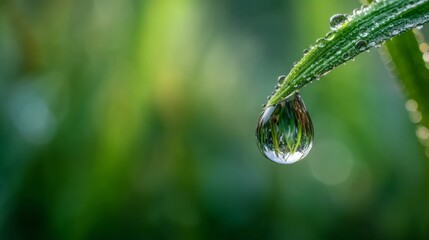 Dew drop on green grass blade reflecting nature macro photography