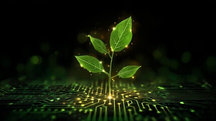 Digital growth concept plant sprouting from futuristic circuit board design