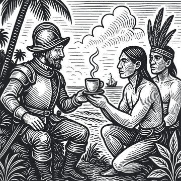 conquistador is treated to a cup of coffee by Indians, stylish engraving for barista, vector