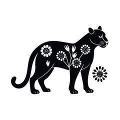 Black Cougar Silhouette with Floral Folk Art Design