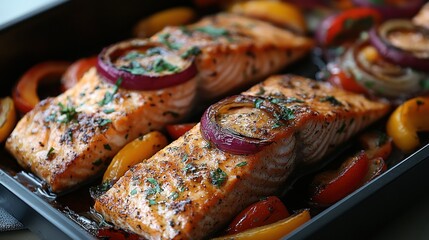Baked Salmon with Roasted Vegetables in a Pan