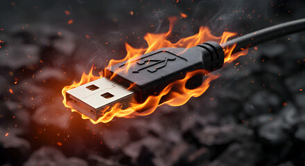 Burning Usb Connector Engulfed In Flames With Stone Background Showing Concept of Technological Breakdown and Digital Danger