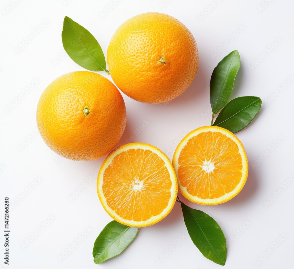Poster Two whole oranges and two orange halves with green leaves arranged on a white background, creating a vibrant and refreshing citrus composition. : Generative AI
