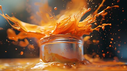 Spectacular burst of vivid orange liquid erupting from a silver container