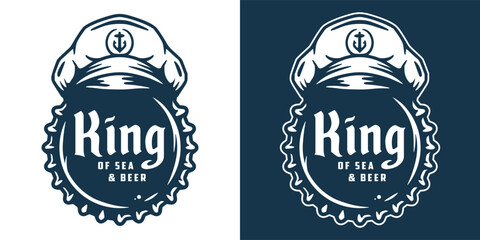 Vintage monochrome nautical emblem with captain hat featuring anchor symbol atop bottle cap. King of sea and beer. Craft beer, sea bar, ocean, brewing, brew, nautical, marine. Retro style.