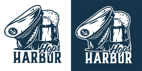Vintage maritime brewery insignia with weathered captain hat atop frothy beer mug. Nautical typography, hops, harbor. Beer, sea, ocean, brewing, brew, nautical, marine.