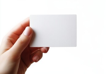 Obraz premium A woman's hand gently holds a blank white card, showcasing its smooth texture and clean design, ideal for presentations or mockups. : Generative AI
