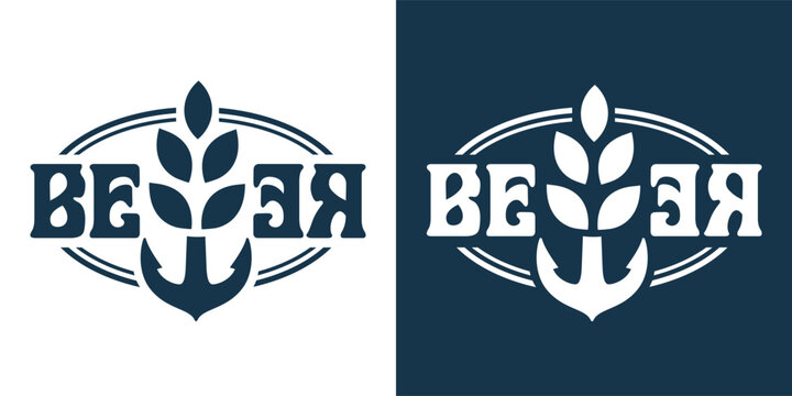Retro monochrome rustic anchor entwined with wheat stalks. Beer logo, brew, sea bar, ocean, nautical marine theme for coastal pub or brewing label design.