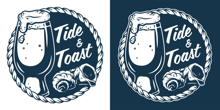 Retro style black and white design featuring overflowing beer mug wrapped with rope and decorated with seashells. Marine brewing, nautical beer, ocean brew, sea craft beverage theme.