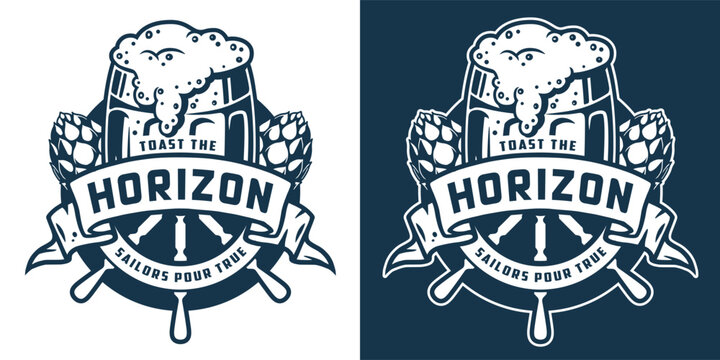 Nautical brewery logo with overflowing beer glass, hops, ship wheel. Maritime theme for branding. Craft beer, sea bar, ocean, brewing, brew, nautical, marine. - Powered by Adobe
